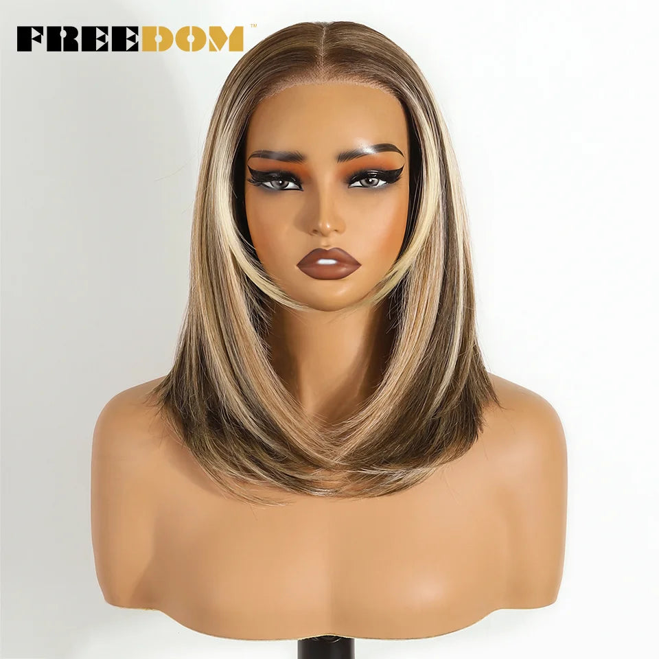 FREEDOM Layered Straight Synthetic Lace Front Wigs For Women Short Bob 6x4 Wear And Go Glueless Wig Ombre Brown Pre Plucked Wigs