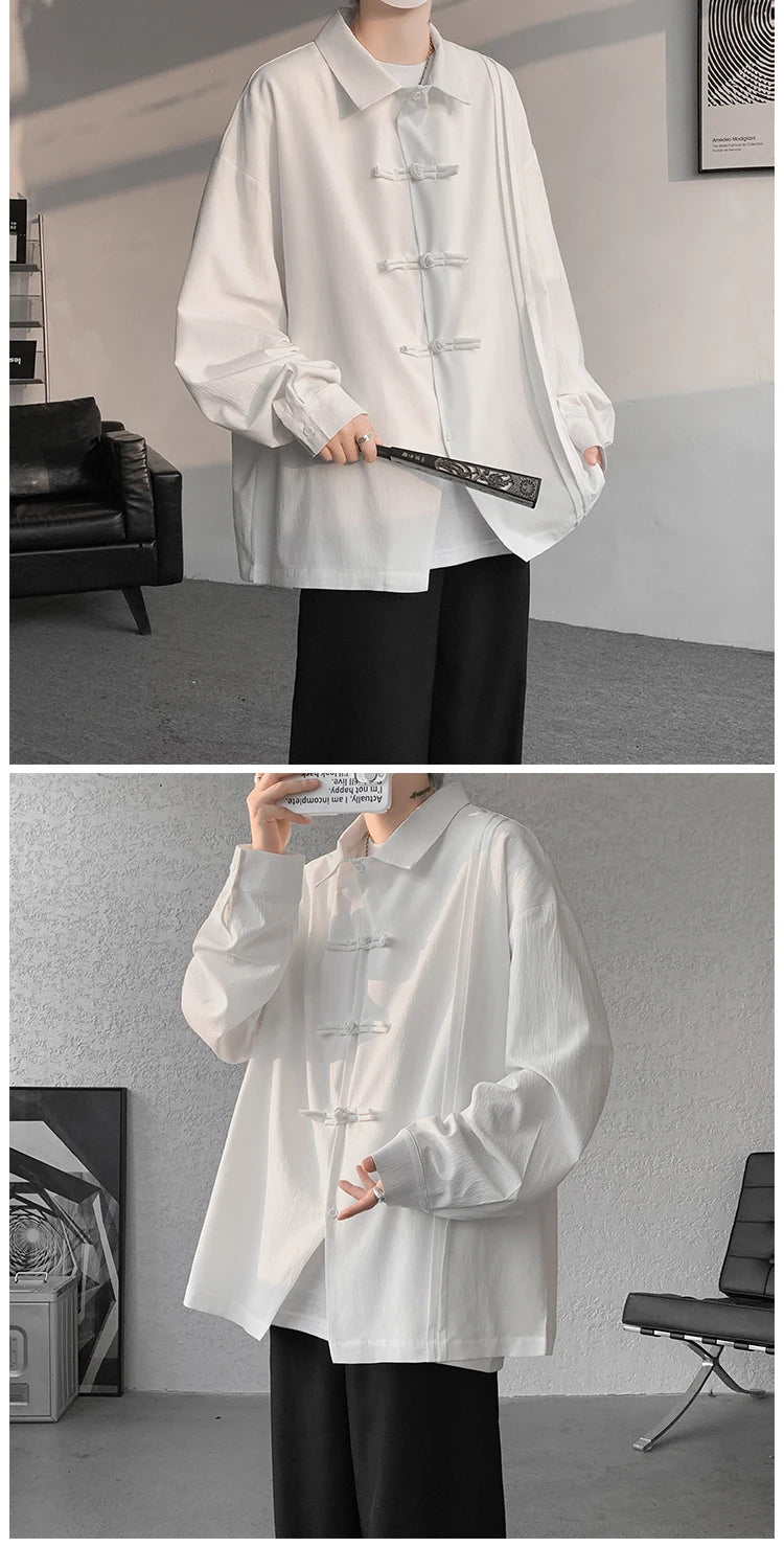 Men's Dial Buckle Solid Long Sleeve Shirt Chic Pleated Decor 2024 Spring New Loose Casual Traditional Chinese Style Clothing