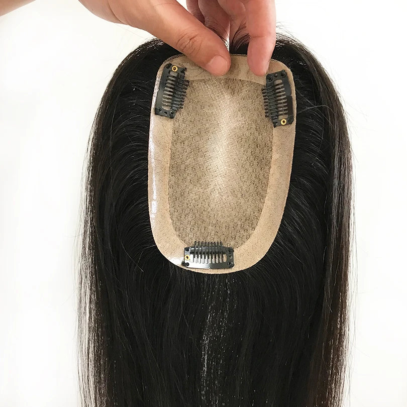 9x14cm Straight Silk Base Women Topper with Clips In Virgin European Human Hair Toupee for Women  20cm-40cm Hand Made