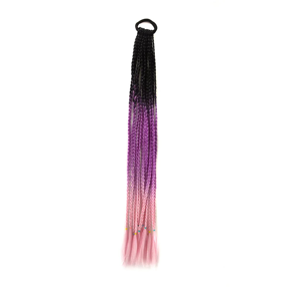 24inch Rubber Band Crochet Mixed Box Braids Plaited Ponytail Synthetic Gradient Dirty Braided Ponytail Hair Extensions for Kids