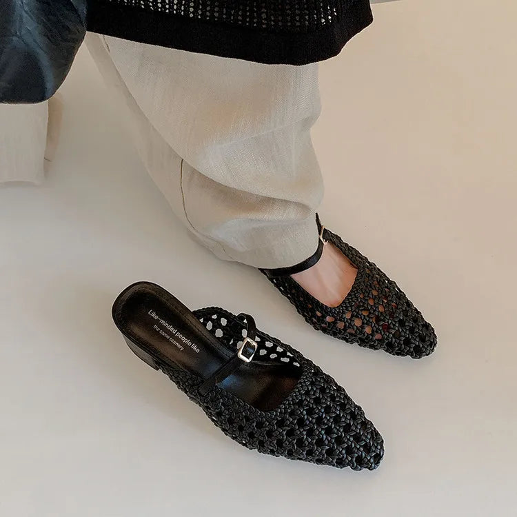 NEW Summer Women Mules Fabric Shoes for Women Pointed Toe Chunky Heel Shoes Cover Toe Slingback Shoes Soft Hollow Modern Sandals