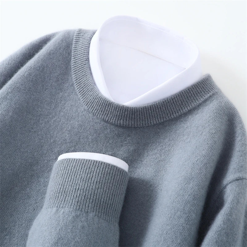Autumn/Winter Men's 100% Pure Cashmere Pullover Business Casual Solid Knitted Sweater Loose Round Neck Tops Thick Warm Jumper