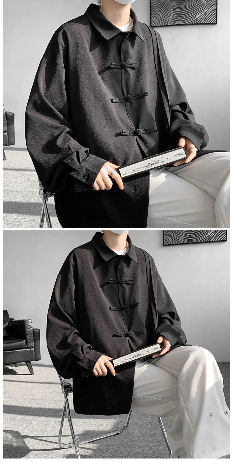 Men's Dial Buckle Solid Long Sleeve Shirt Chic Pleated Decor 2024 Spring New Loose Casual Traditional Chinese Style Clothing