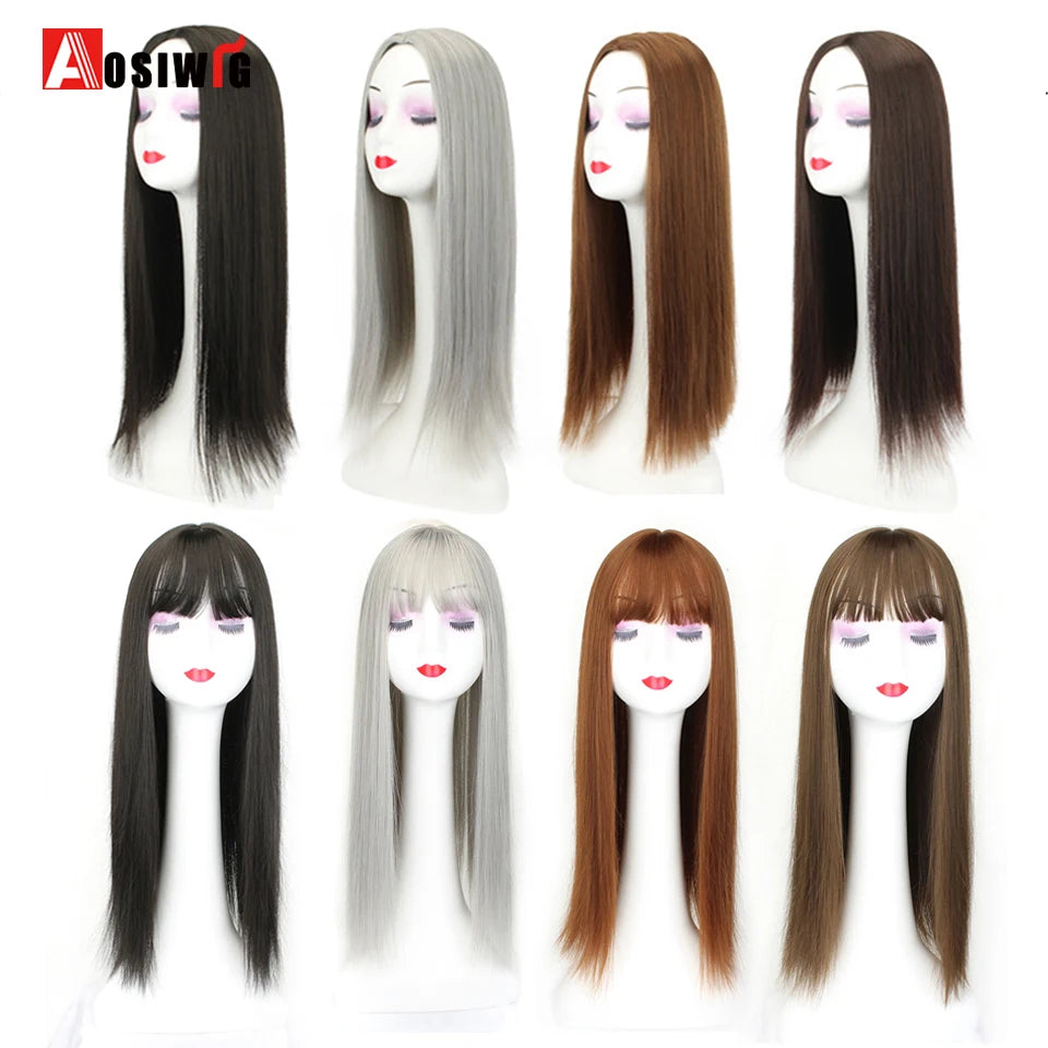 AOSIWIG Synthetic Long Straight Topper Closures Hairpiece Clip In Hair Extensions Cover White Hair Women Natural Fake Hairpiece