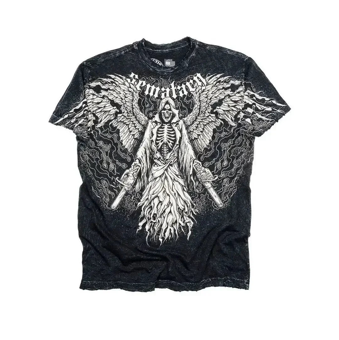 2000s Affliction Style Streetwear Tee Gothic Skull Cross Print Trendy Graphic T-shirts