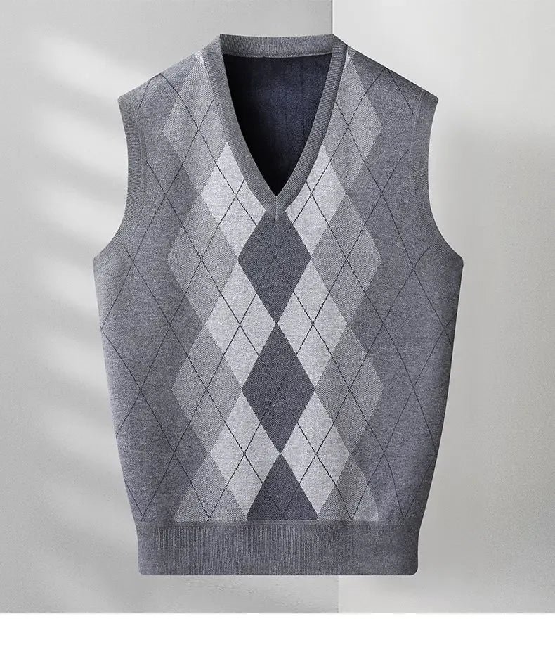 Fashion Vintage Winter Argyle Elastic Sweaters Vest Plus Fleece Thermal V-neck Sleeveless Loose Knitted Comfortable Pullover Top