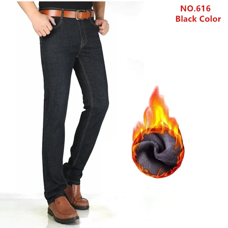 Tall Man Fleece Jeans 117CM Extra Long Stretched Plus Size 42 44 Fit Trousers Warm Autumn Winter High Waist Denim Pants Trousers