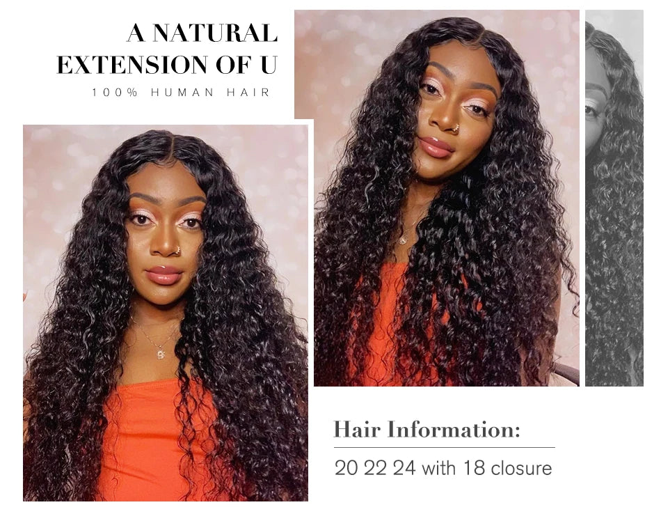 15A Brazilian Virgin Human Hair Kinky Curly Bundles With Frontal Ocean Water Wave Bundles With Frontal Bundles With Lace Closure