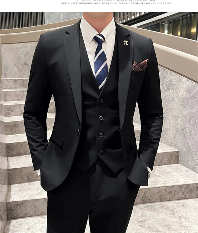 2025 Suit (blazer+vest+pants) Fashion Business Casual Hosts The Korean Version of The British Style Slim Gentleman Wedding