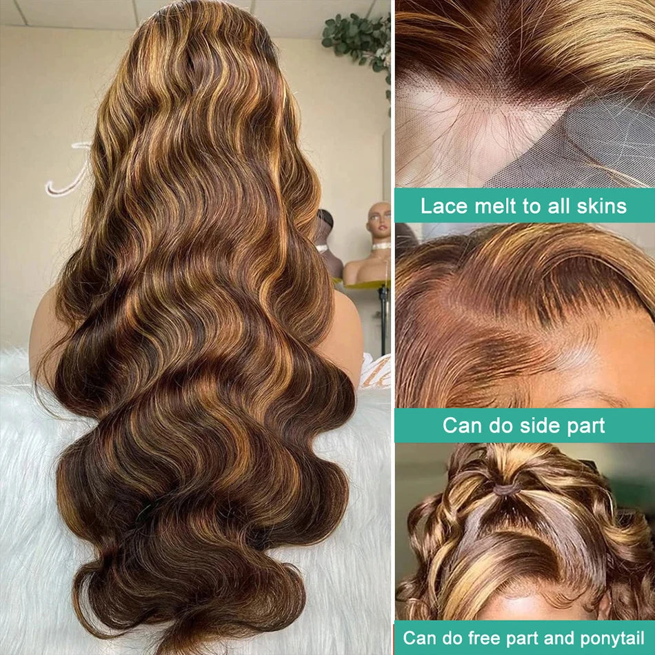Highlight 13x6 Hd Lace Frontal Wig Human Hair Body Wave  Honey Blonde Brown Human Hair Wig P4/27 Colored Wig