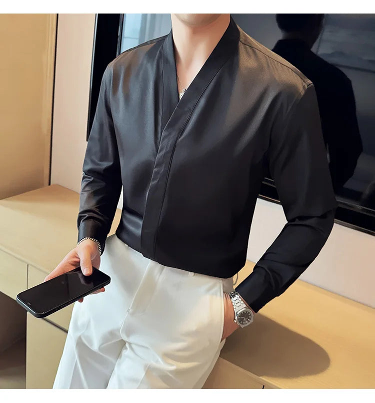 High Quality Collarless Shirts Men Fashion Slim Fit Long Sleeve Casual Shirts Business Office Social Formal Shirt Men Clothig