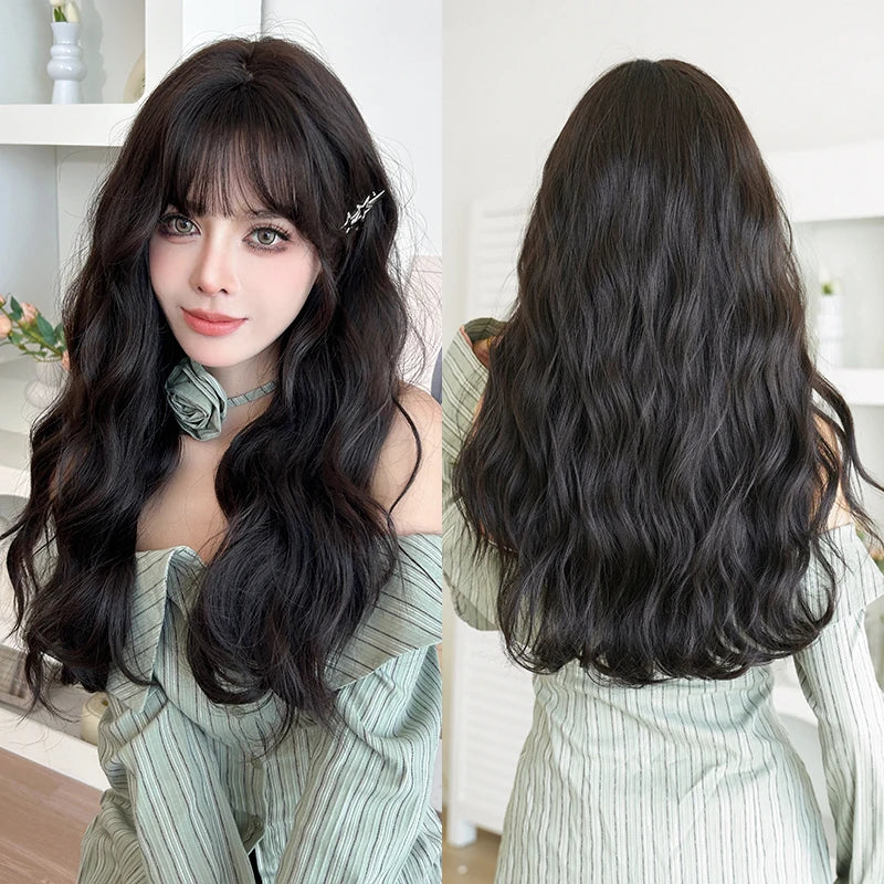 7JHH WIGS Body Wavy Wig Long Loose Curly Brown Wig for Women Daily Use High Density Synthetic Layered Hair Wigs with Bangs
