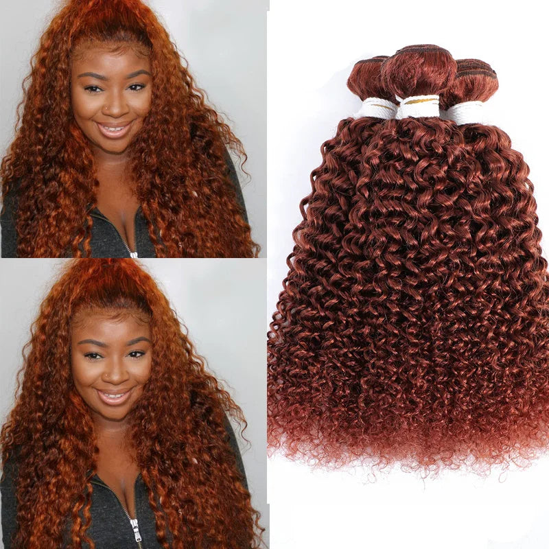 HairUGo Brazilian Kinky Curly Hair Bundles 27# Brown Remy 1/2/3 Kinky Curly Human Hair Weave Hair Extensions Blonde Hair Weaving