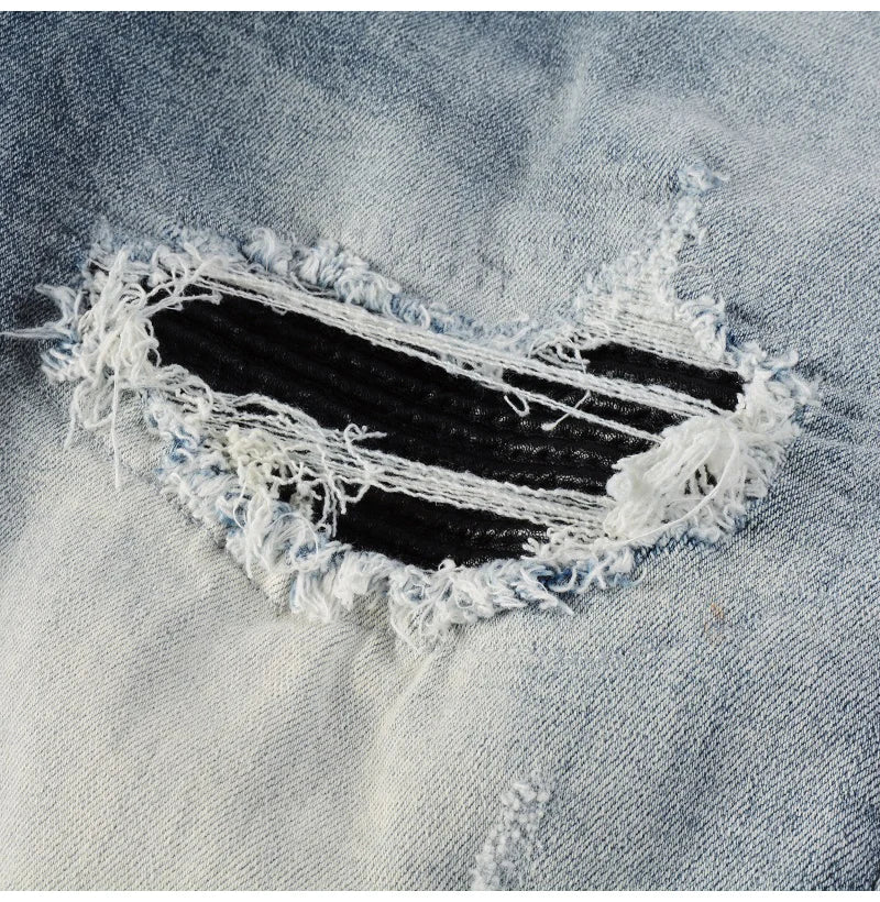 Men Leather Patches Denim Jeans Streetwear Holes Ripped High Stretch Pants Light Blue Skinny Tapered Trousers