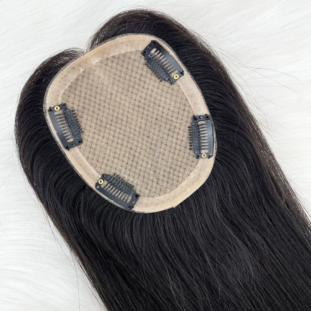 11x13cm Dark Brown Human Hair Topper Silk Base Hand Tied Silk Top Toupee Breathable Remy Hair Piece with Clips in for Women