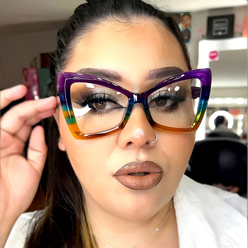 Big Frame Cat Eye Reading Glasses For Women Color Block Design Anti-blue Light 1.0 To 4.0 Strength Large Optical Lenses 802349