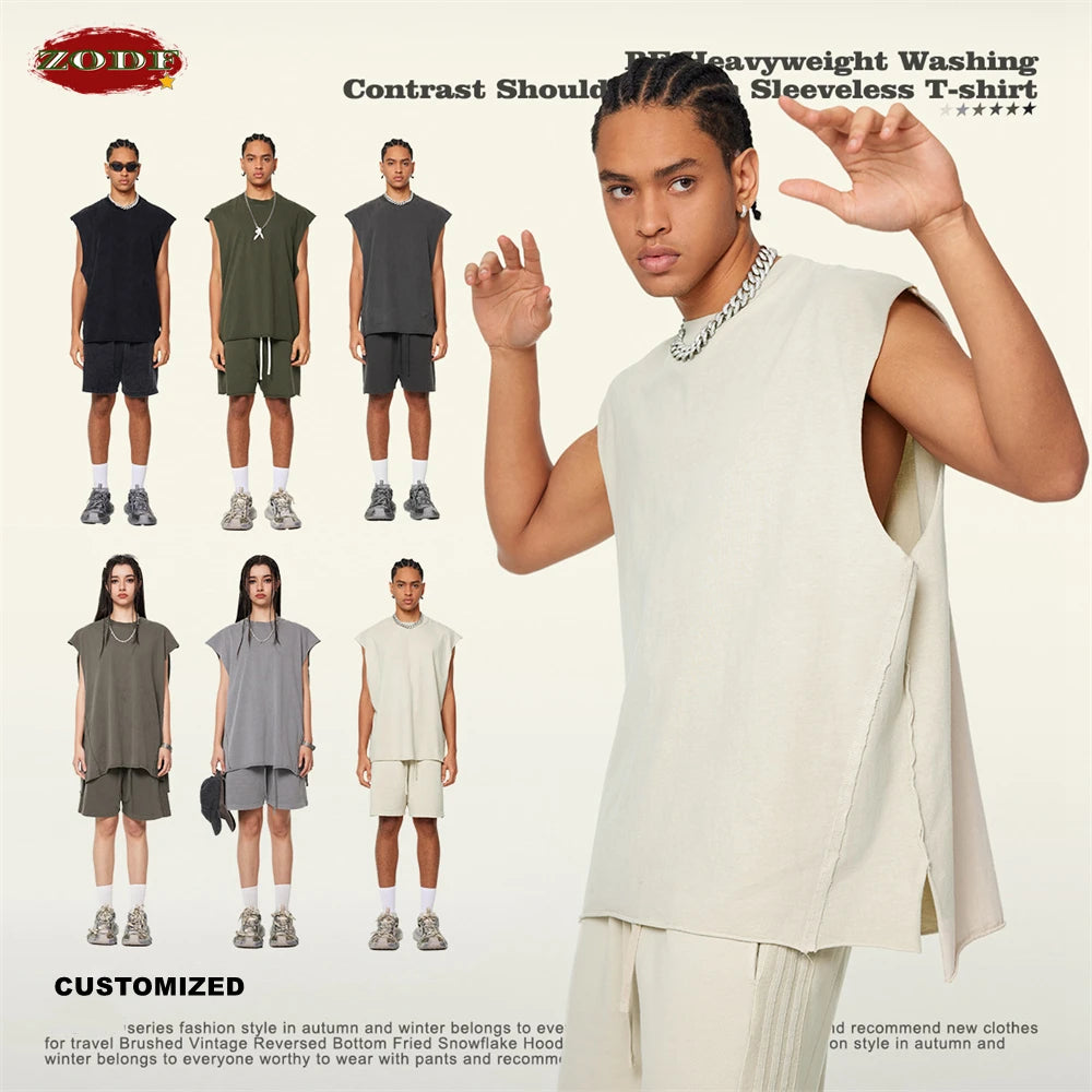 ZODF Vintage 2024 Washed 270gsm Cotton Tank Tops For Men Unisex Summer Relax Fit Slit Sleeveless Vest Streetwears HY0777