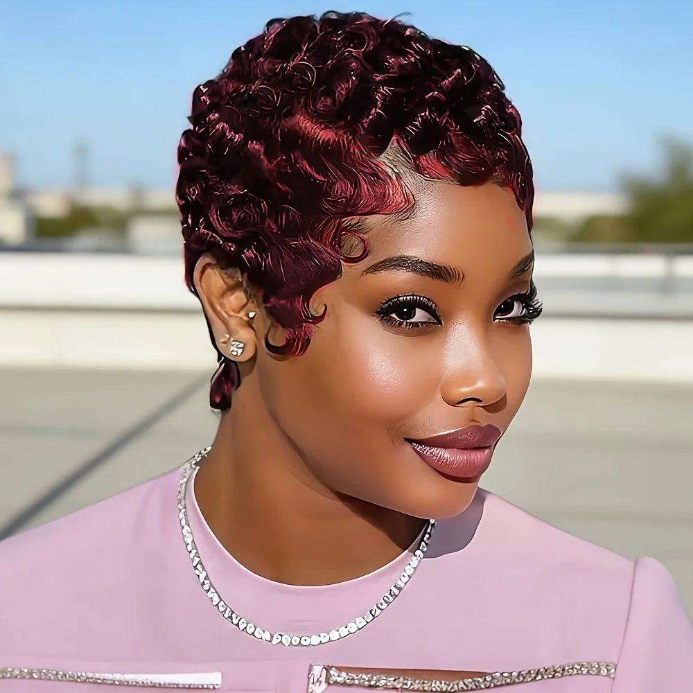 Pixie Cut Wigs for Women Short Layered Wigs Full Machine Made Side Part Wig Short Haircut Wig with Bangs Black Color 1B