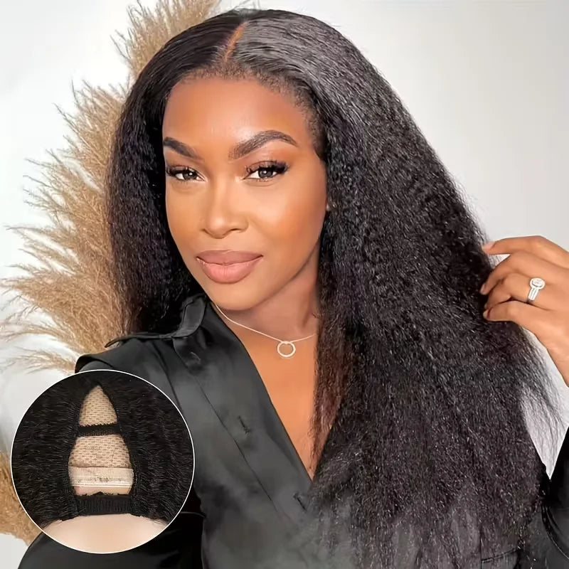 FRIZIRA kinky Straight V Part Brazilian Virgin Human Hair Wigs Glueless Upgrade U Part Wig Glueless V Shape Wig Natural Black