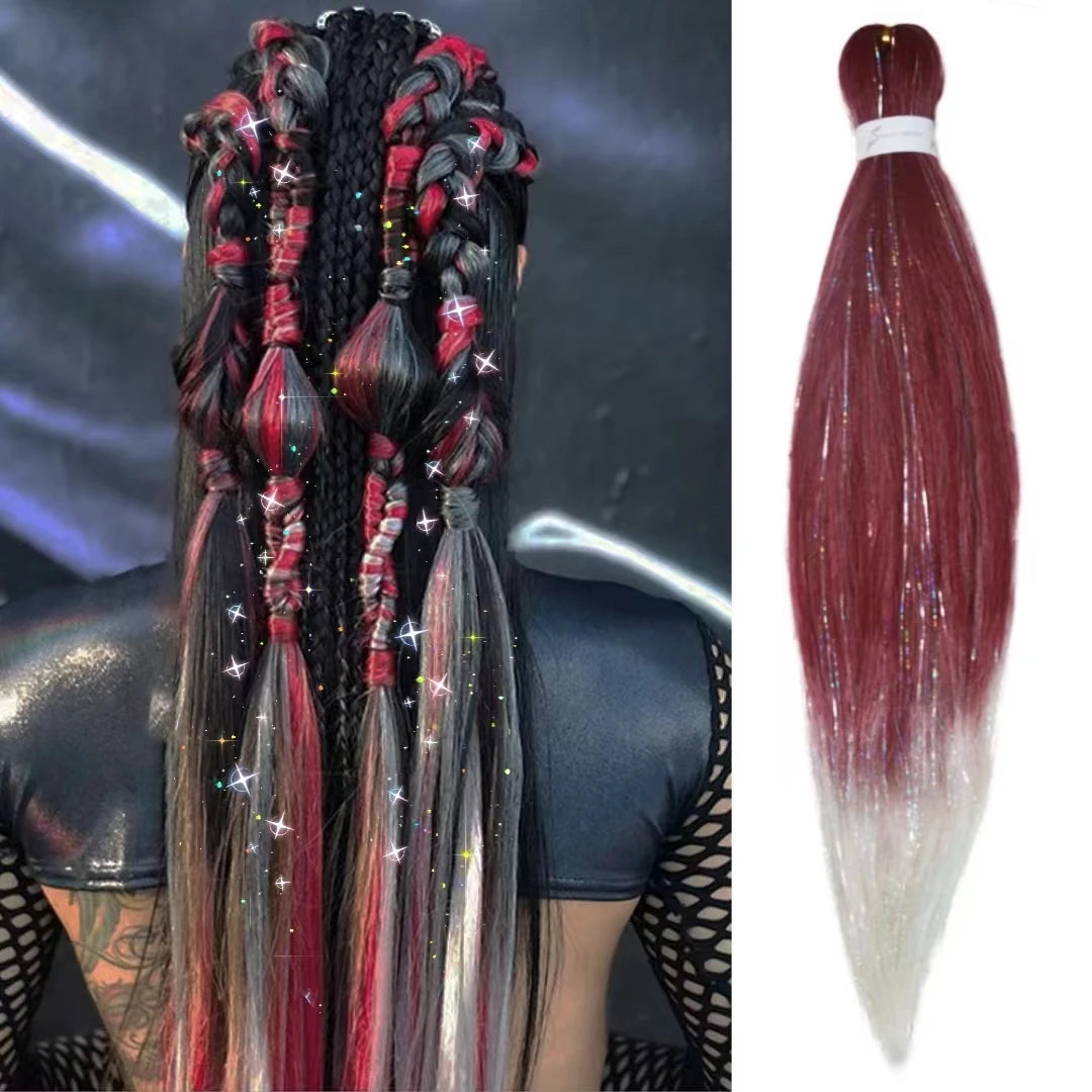 Dard Red White 3 Tones Ombre Straight Braids Blend Hair Tinsel Festival Rave Hair Extensions for Girls Crazy Hair Day Braids