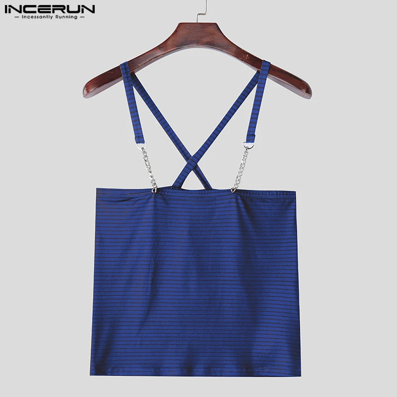 INCERUN Tops 2025 American Style Fashion New Men Striped Metal Strip Hanging Neck Vests Summer Sexy Casual Personality Tank Tops