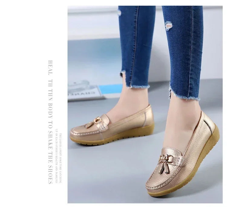 Spring Summer Breathable Casual Loafers For Women Platform Leather Comfort Wedge Moccasins Ladies Vulcanized Sneakers 44