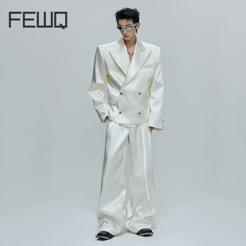 FEWQ Niche Design Men's Suit Sets Lapel Double Breatsed Silhouette Glossy Blazers Wide Leg Belt Chc Button Male Trousers 24K6098