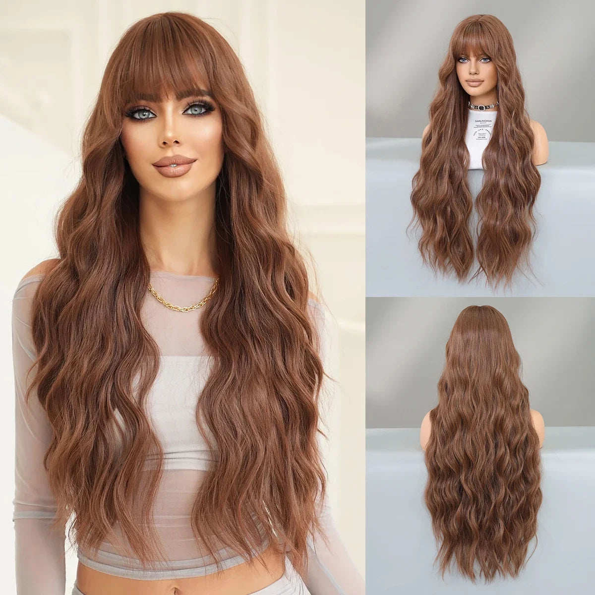 7JHH WIGS Synthetic Loose Wave Brown Wig with Dark Roots High Density Body Wavy Hair Wigs for Women Party Halloween Costume Wigs