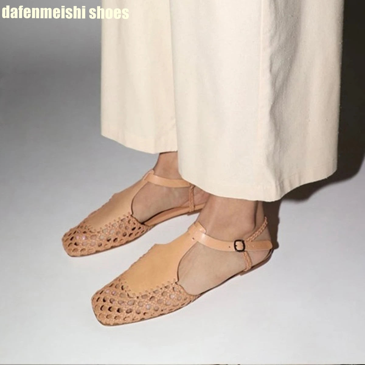 Flat Genuine Leather Woven Sandals Women's Hemp Rope Square Toe Summer Roman Shoes Singback Solid Color Fashion Shoes