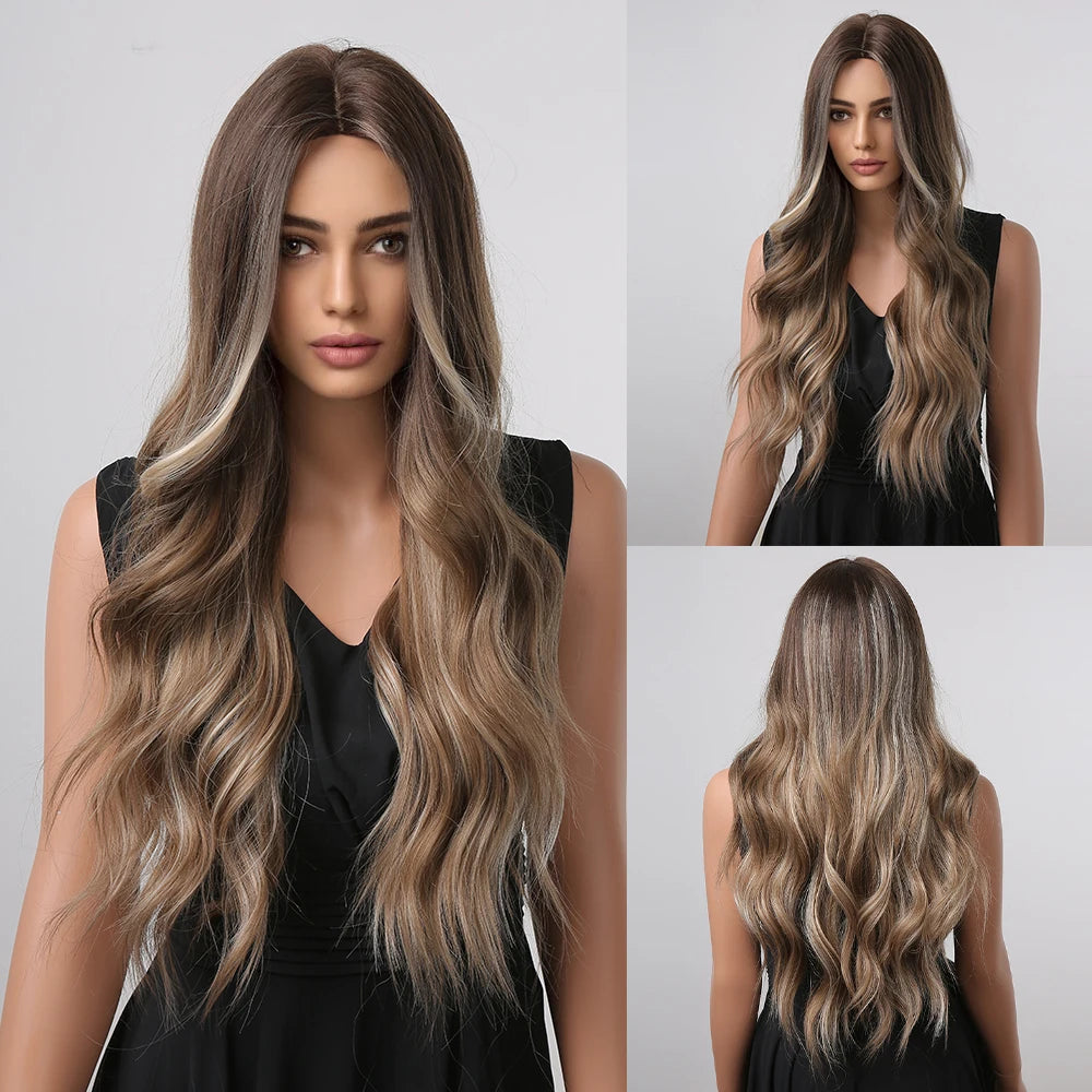 ALAN EATON Long Wave Dark Brown Synthetic Wigs for Black Women Middle Parted Wigs with Highlights Cosplay Hair Heat Resistant
