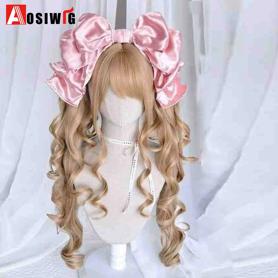 AOSI Synthetic Long Curly Wig Double Ponytail Cute Lolita Women Wigs Halloween Cosplay Style Blonde Brown Party Wig