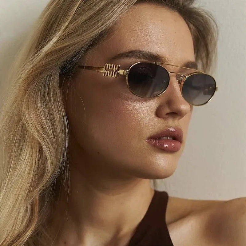 1PC Fashionable Metallic Double Beam Elliptical Sunglasses for Women New Versatile and Personalized Sunglasses for Spicy Girls