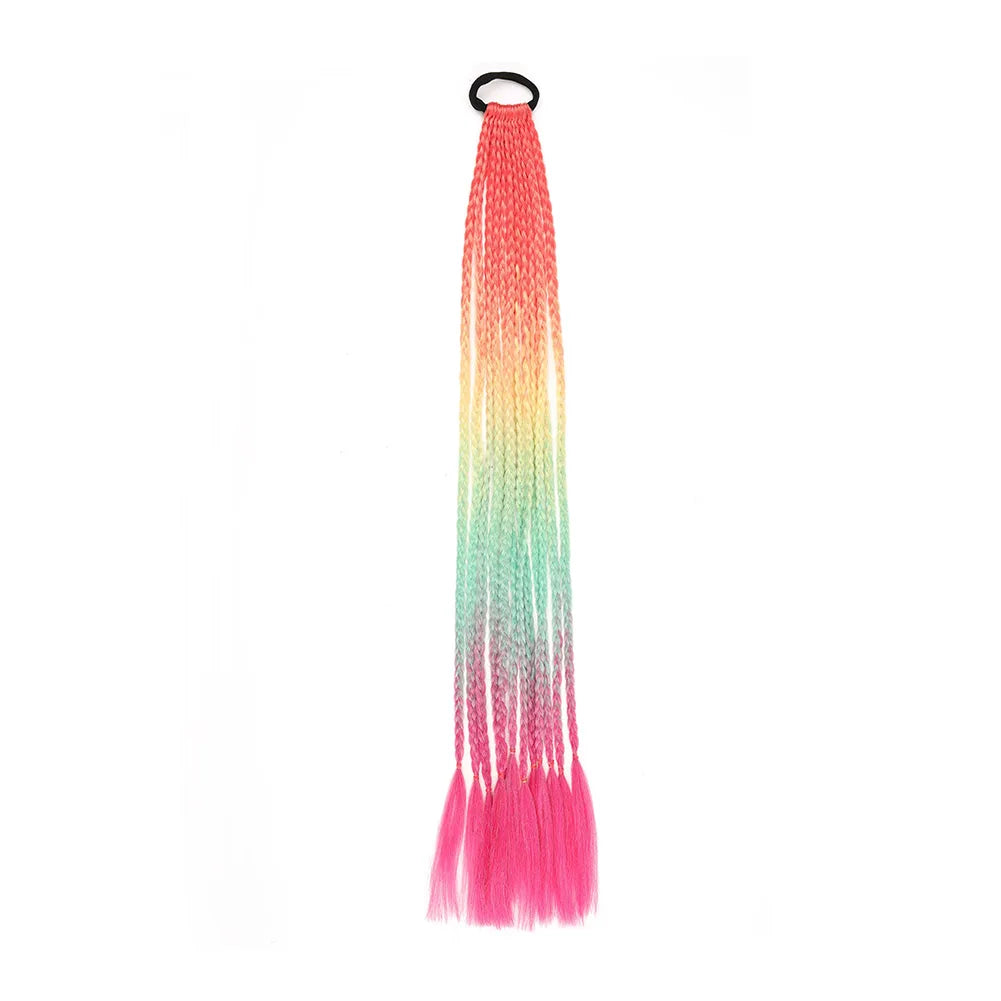 24inch Rubber Band Crochet Mixed Box Braids Plaited Ponytail Synthetic Gradient Dirty Braided Ponytail Hair Extensions for Kids