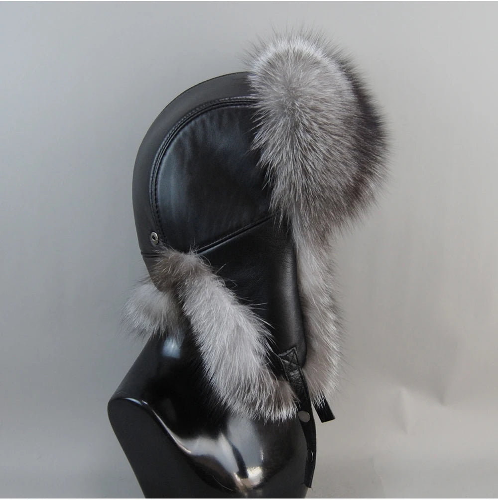 2026 Unisex Outdoor Windproof Winter Natural Real Fox Fur Bombers Hats Women Raccoon Fur Cap Luxury Real Sheepskin Leather Hat