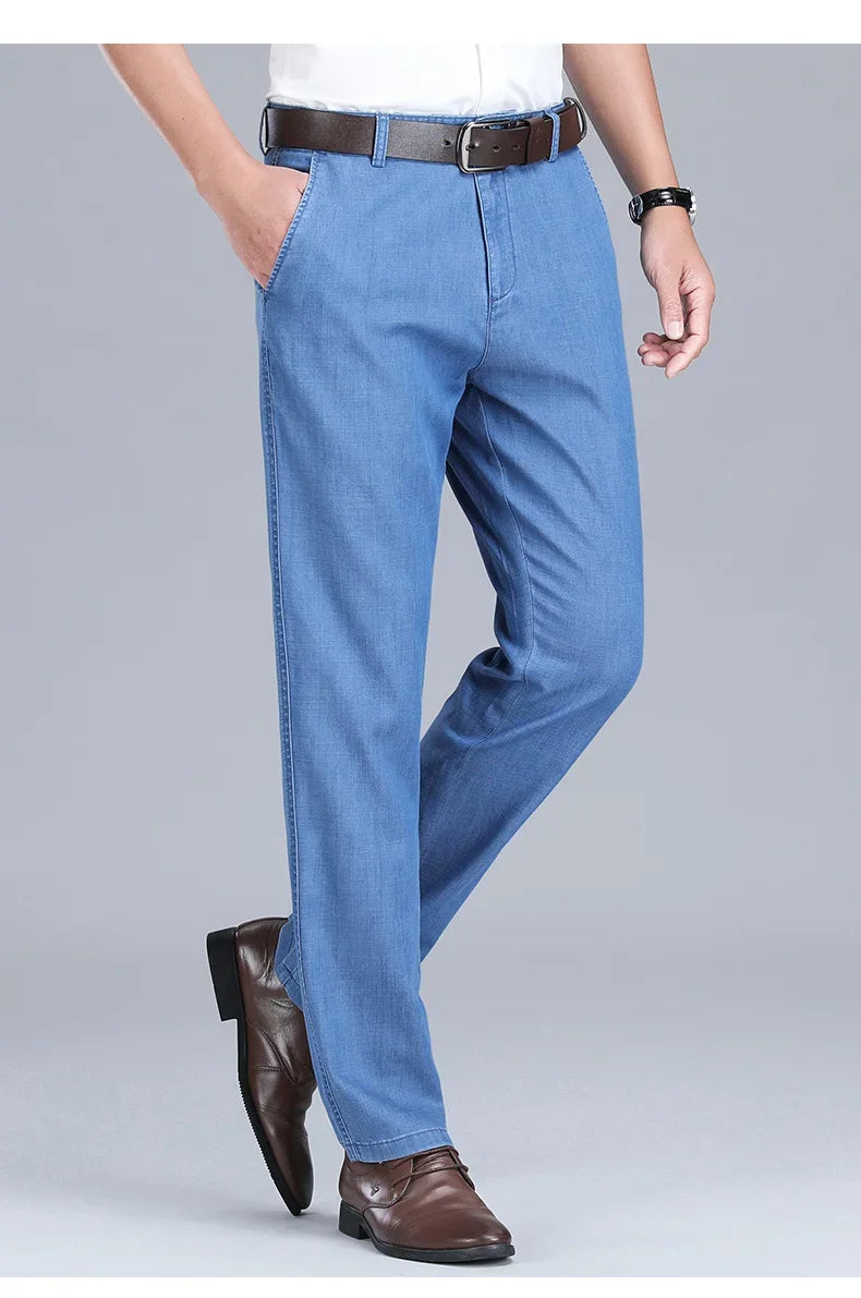 2024 New Men's Thin Lyocell Fabric Loose Jeans Light Blue Business Fashion Stretch Denim Trousers Male Clothing Brand Pants