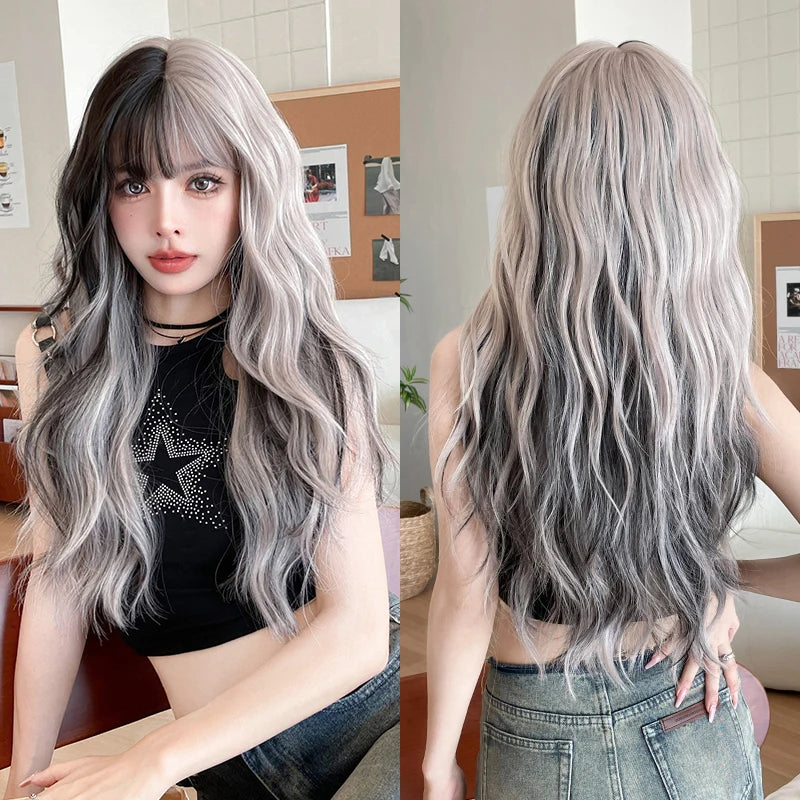 7JHH WIGS Body Wavy Wig Long Loose Curly Brown Wig for Women Daily Use High Density Synthetic Layered Hair Wigs with Bangs