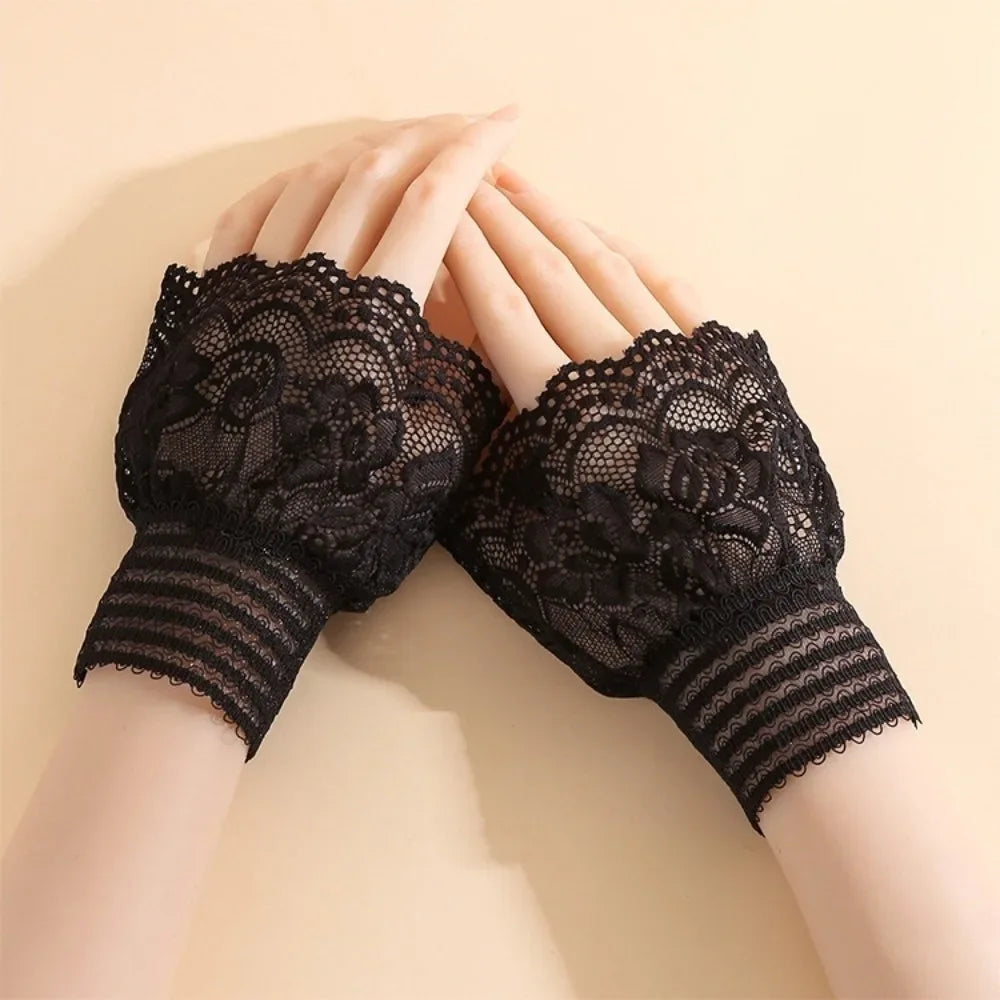 1 Pair Versatile Elegant Fake Cuffs Embroidery Pattern Detachable Lace Sleeves Solid Color Thin False Cuffs For Women