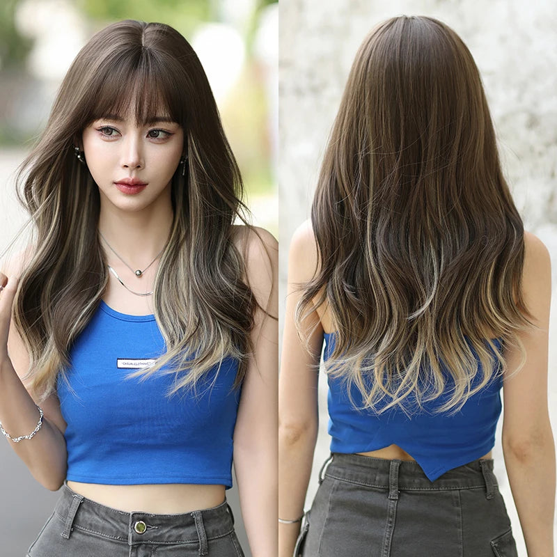 7JHH WIGS Body Wavy Wig Long Loose Curly Brown Wig for Women Daily Use High Density Synthetic Layered Hair Wigs with Bangs