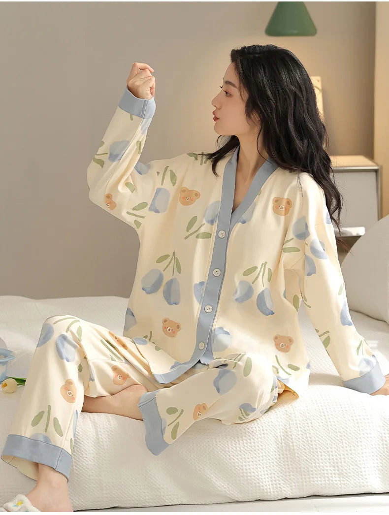 Y2k Women's 100% POLYESTER Pajamas with Cartoon Print Korean Fresh Ins Style Harajuku Lounges 2pcs 2024 New Spring/fall Homewear
