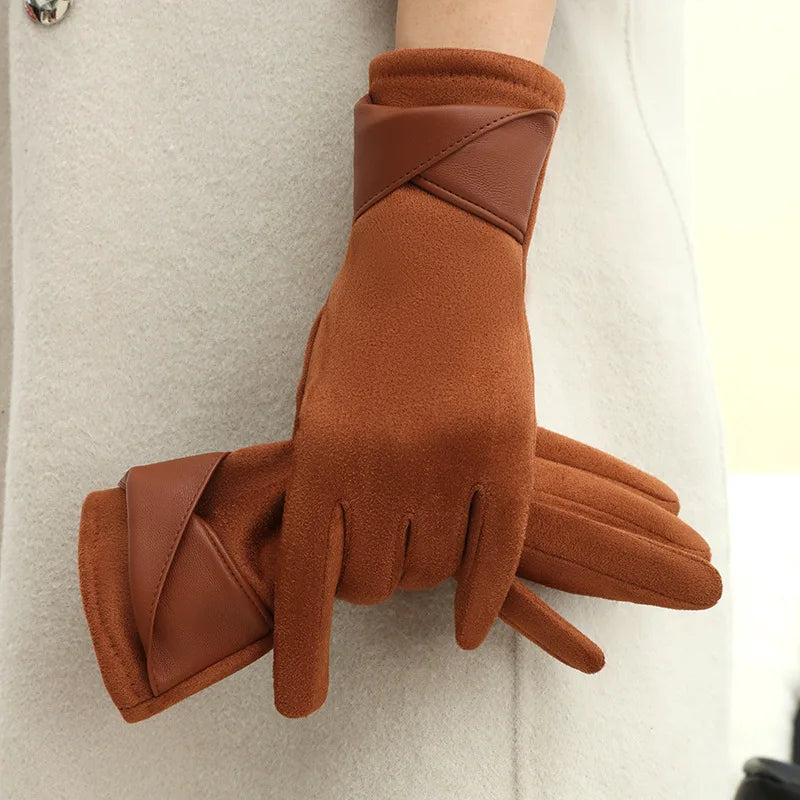 New Suede Gloves for Women Winter Plus Velvet Warm Commercial Style Temperament Bow Touch Screen Riding Driving