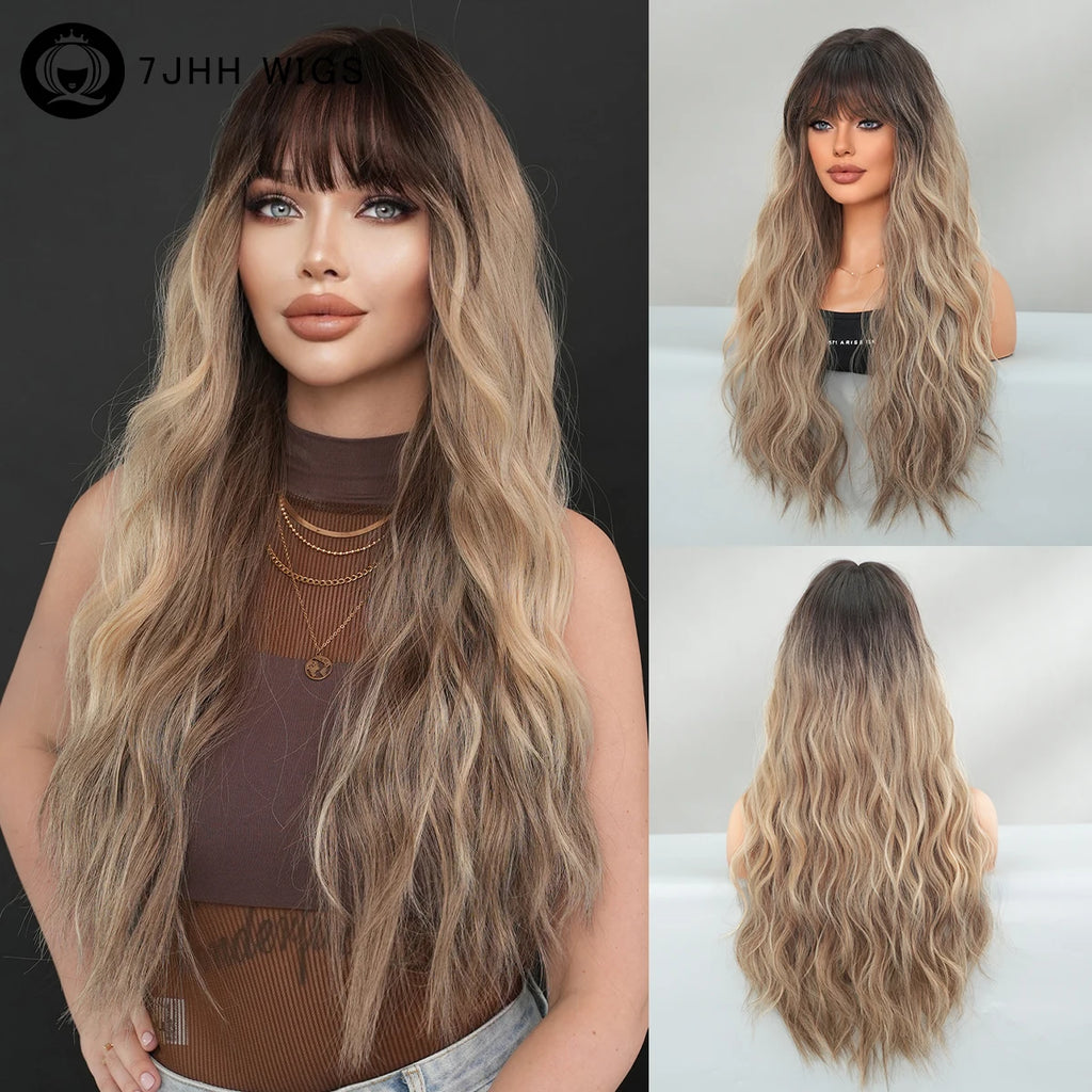 7JHH WIGS Synthetic Loose Wave Brown Wig with Dark Roots High Density Body Wavy Hair Wigs for Women Party Halloween Costume Wigs