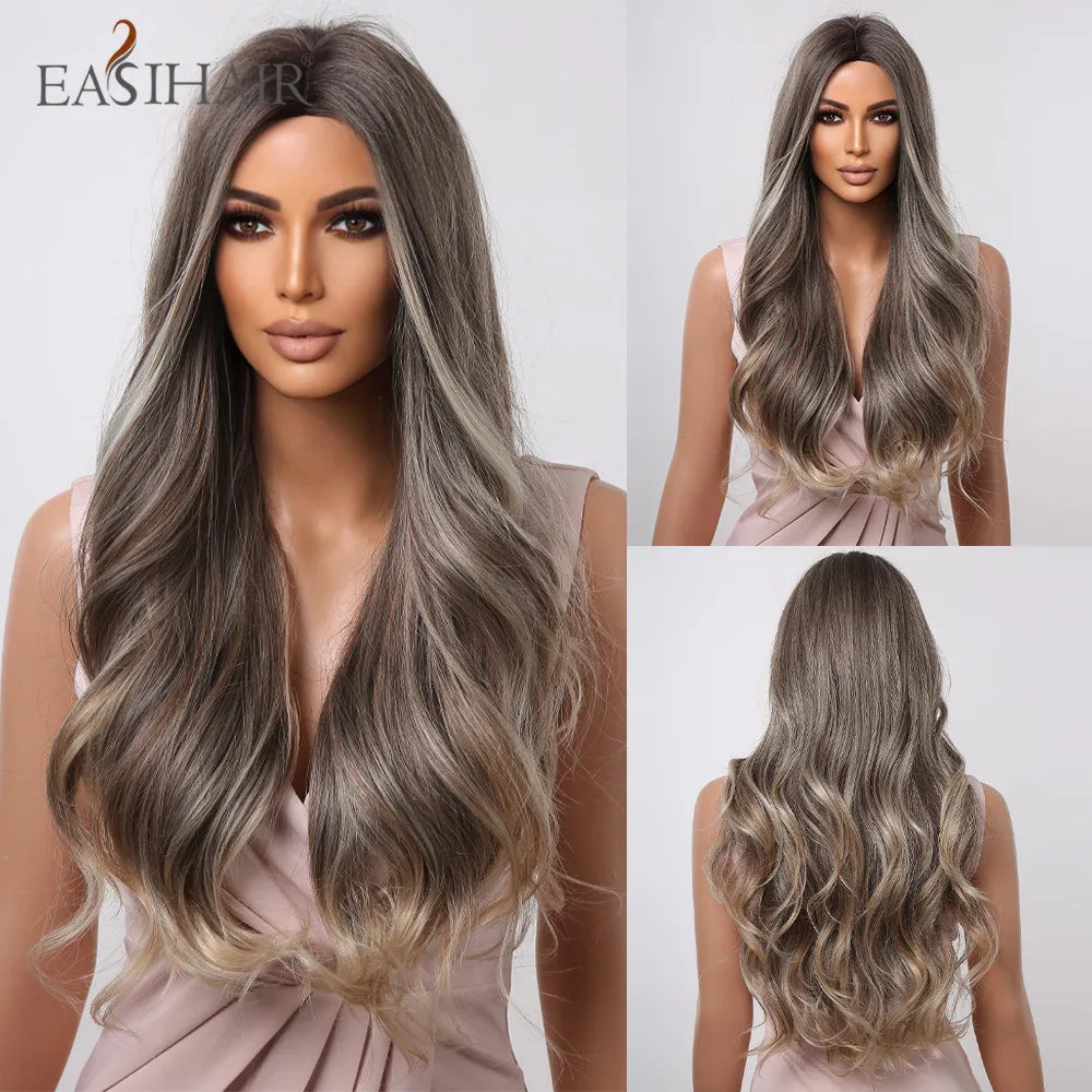 EASIHAIR Ombre Brown Light Blonde Platinum Long Wavy Middle Part Hair Wig Cosplay Natural Heat Resistant Synthetic Wig for Women