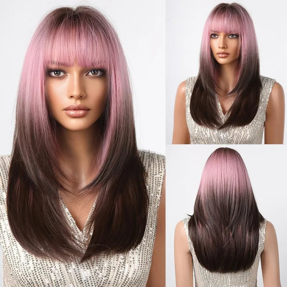 ALAN EATON Long Straight Layered Synthetic Wigs with Bangs Blonde Highlights on Brown Wigs for Black Women Afro Daily Party Hair
