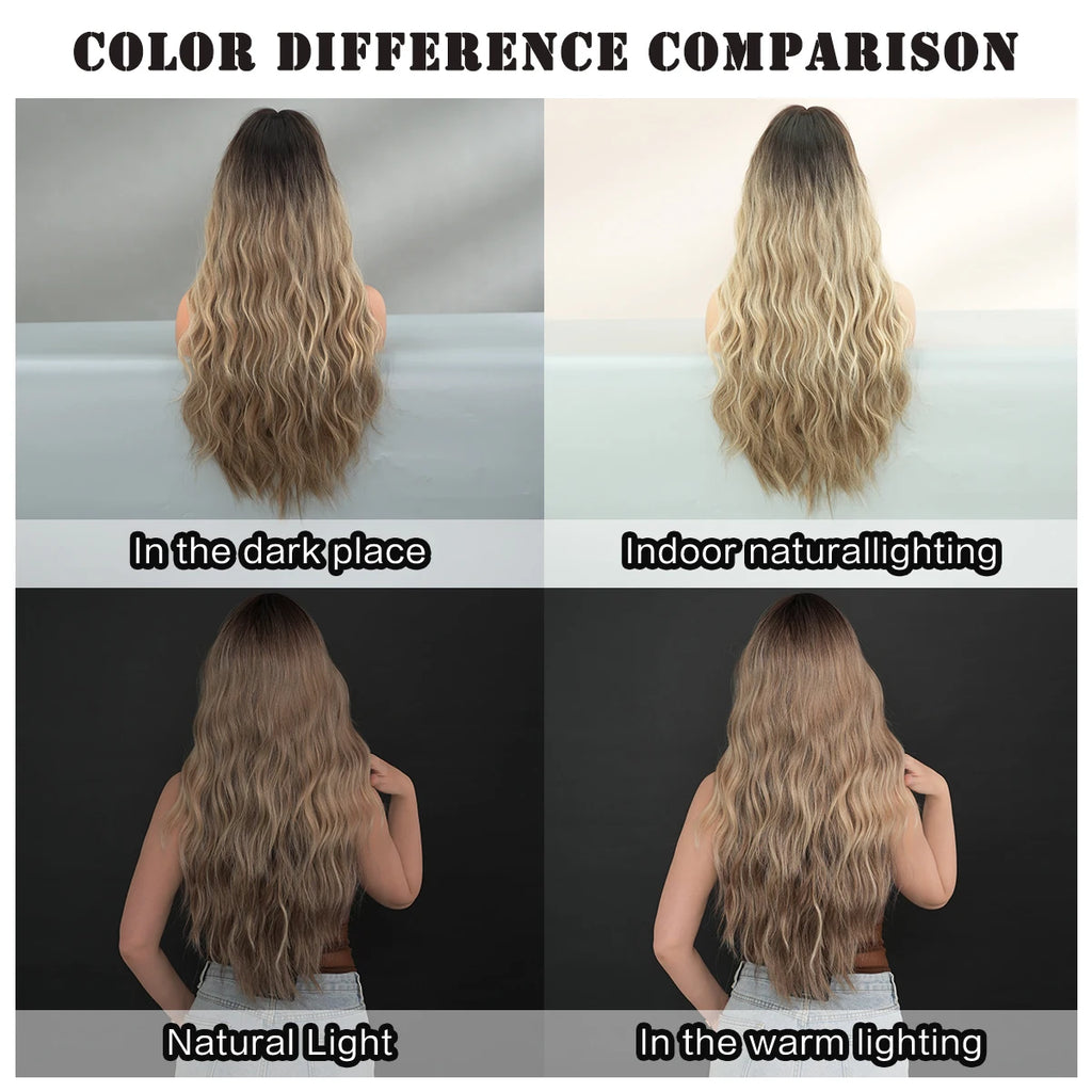 7JHH WIGS Synthetic Loose Wave Brown Wig with Dark Roots High Density Body Wavy Hair Wigs for Women Party Halloween Costume Wigs