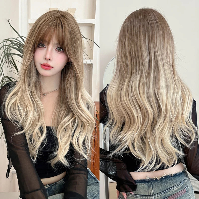 7JHH WIGS Body Wavy Wig Long Loose Curly Brown Wig for Women Daily Use High Density Synthetic Layered Hair Wigs with Bangs