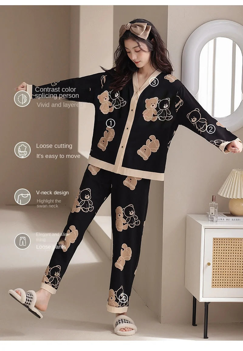 Y2k Women's 100% POLYESTER Pajamas with Cartoon Print Korean Fresh Ins Style Harajuku Lounges 2pcs 2024 New Spring/fall Homewear