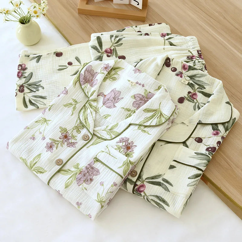 2024 Autumn Cotton Crepe Women's Pajamas Casual Soft Loose Sleepwear Long Sleeve Pants Pajama Sets Night Clothes 2-piece Set