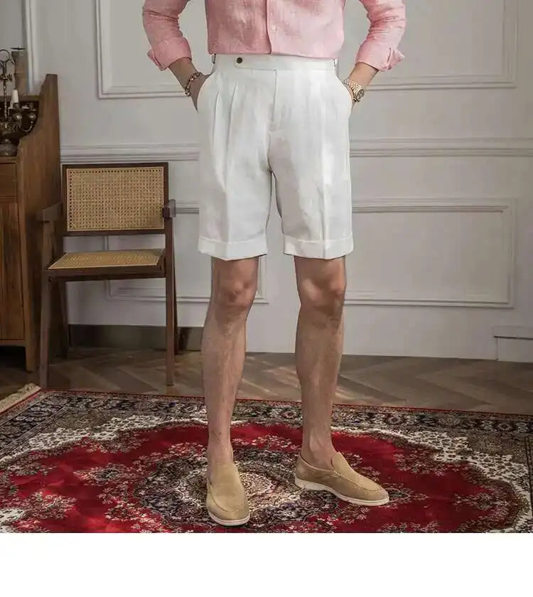 100% Linen Summer Straight Naples Shorts Men Solid Color Business Dress Pants Office Social Casual Slim Fit Shorts