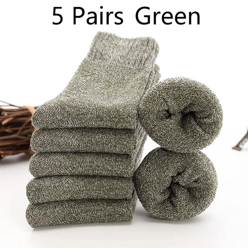 5 Pairs Winter Socks Men's Wool Warm Socks Thick Towel Mid-Calf Anti-Cold Snow Boots Socks Retro Solid Color Merino Terry Socks