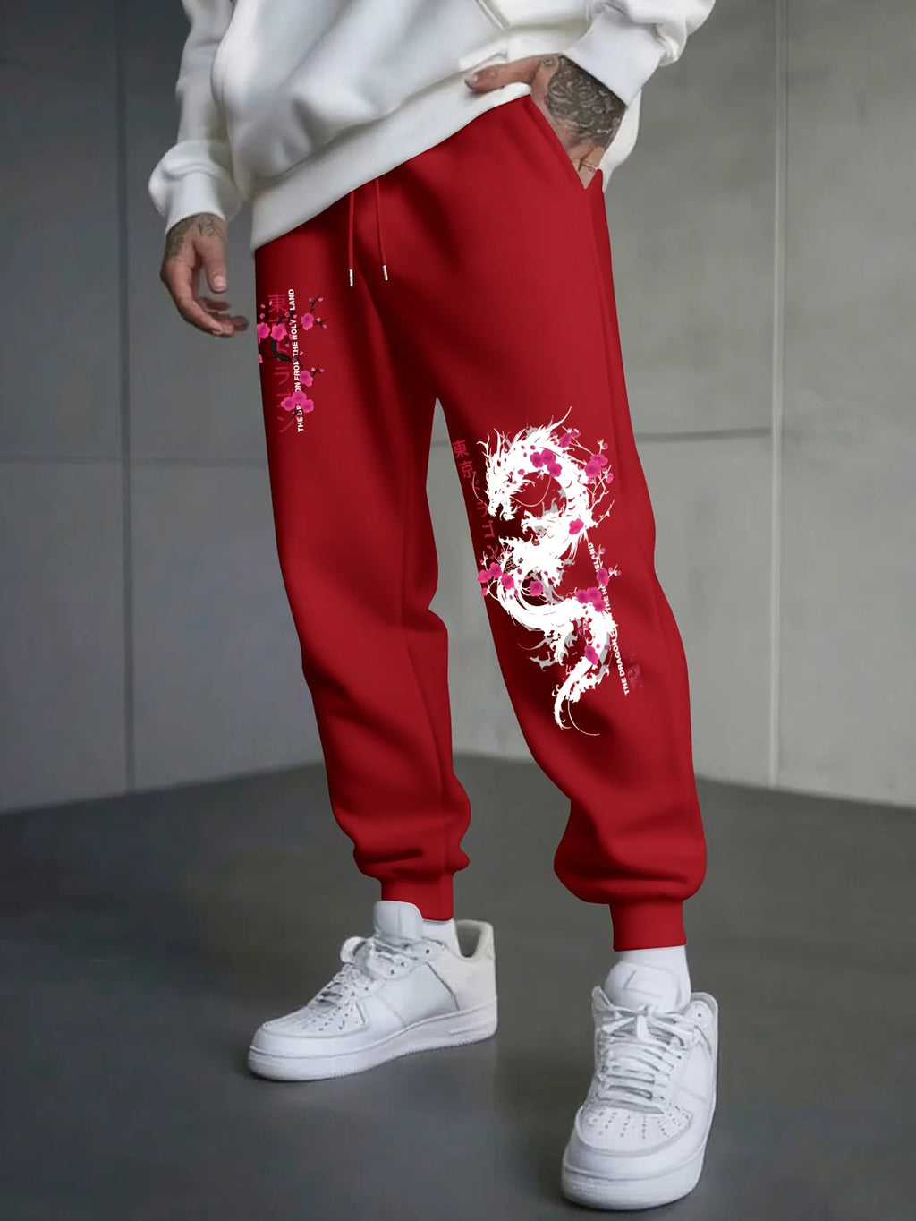 Japanese Dragon and Cherry Blossom Element Print Autumn and Winter Men's Fleece Casual Trousers for Jogging and Outdoor Sports